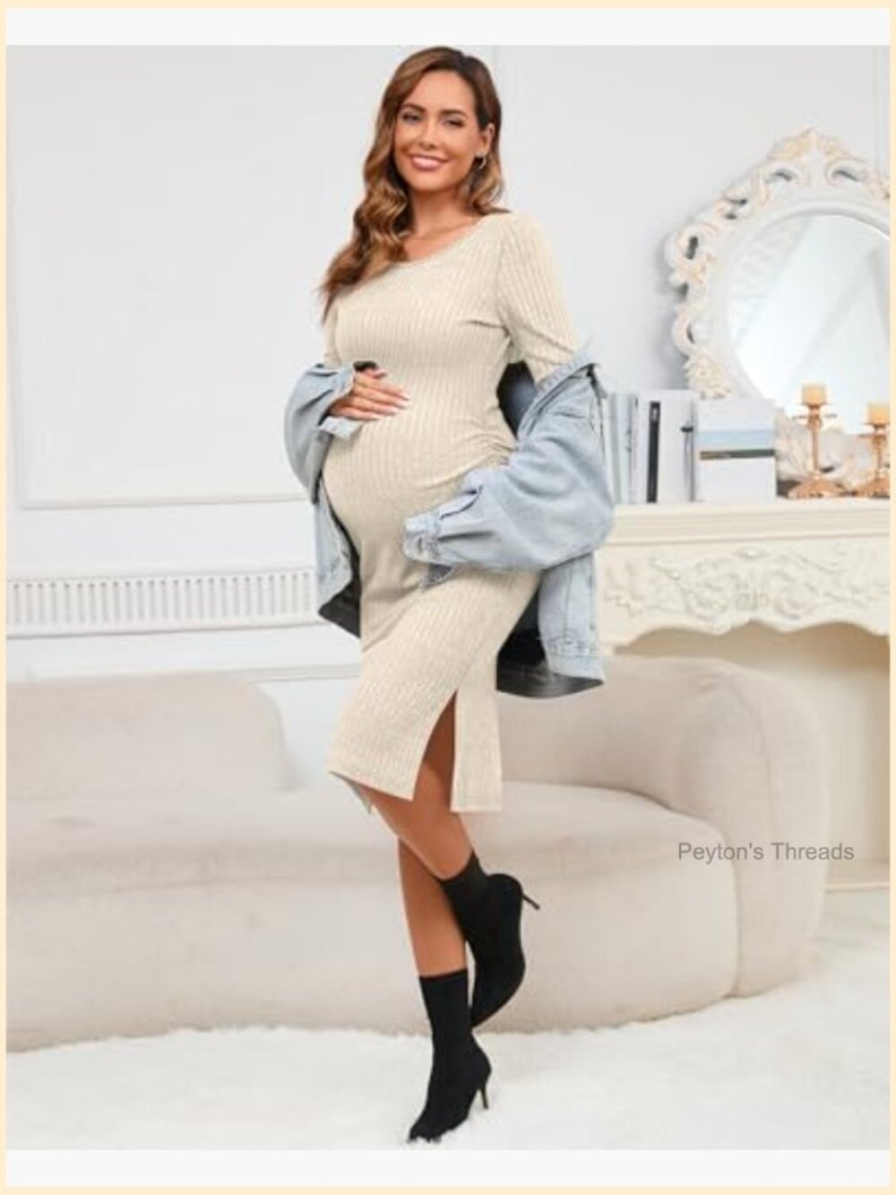 Ribbed Knit Maternity Bodycon Dress Long Sleeve Side Slit Baby Shower - Picture 5 of 7